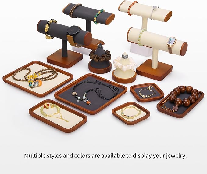 Wooden Jewelry Display Tray Rounded Rectangle Ring Showcase Stackable Elegant Bracelet Watch Jewelry Organizer for Personal Use and Commerce (Old Lace, Medium-W 3.9'' x H 0.6'' x L 7'')