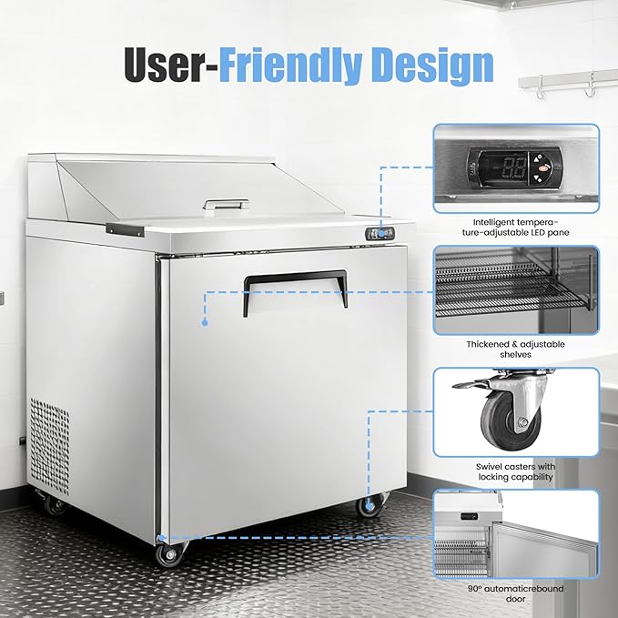 29" W Commercial Refrigerator Sandwich Salad Prep Table, Stainless Steel 1-Door Sandwich Prep Table Refrigerator, Counter Fan Cooling Refrigerator with 8 Pans for Restaurant, Bar