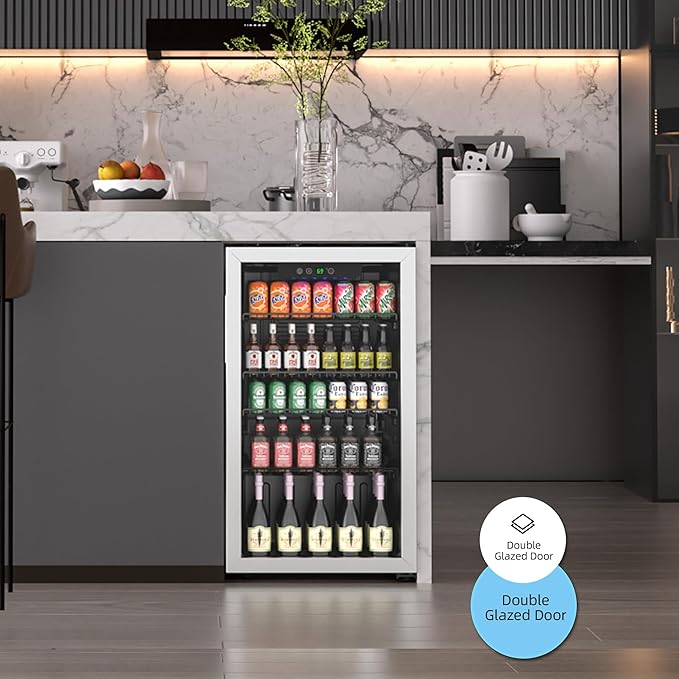 3.2 Cubic Feet Mini Fridge,126 Can Freestanding Beverage Refrigerator with Glass Front Door for Soda, Beer Under Counter Small Refrigerator with Adjustable Shelves and Digital Display(Silver)