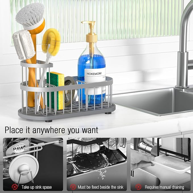 Kitchen Sink Organizer with Sponge Holder & Brush Holder - Drain-Free Non-Slip Base, 2.6mm Stainless Steel with Silver Rust-Resistant Coating - Easy Install & Clean Kitchen Sink Caddy