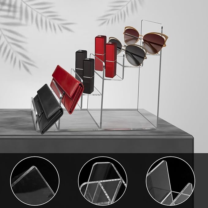 Acrylic Wallet Display Stand Purse Handbag Organizer, Clear Jewelry Riser Display Stand Purse Display Rack, Acrylic Display Shelf for Cosmetic Perfume Jewelry Sunglasses Handbag (4 Tier)