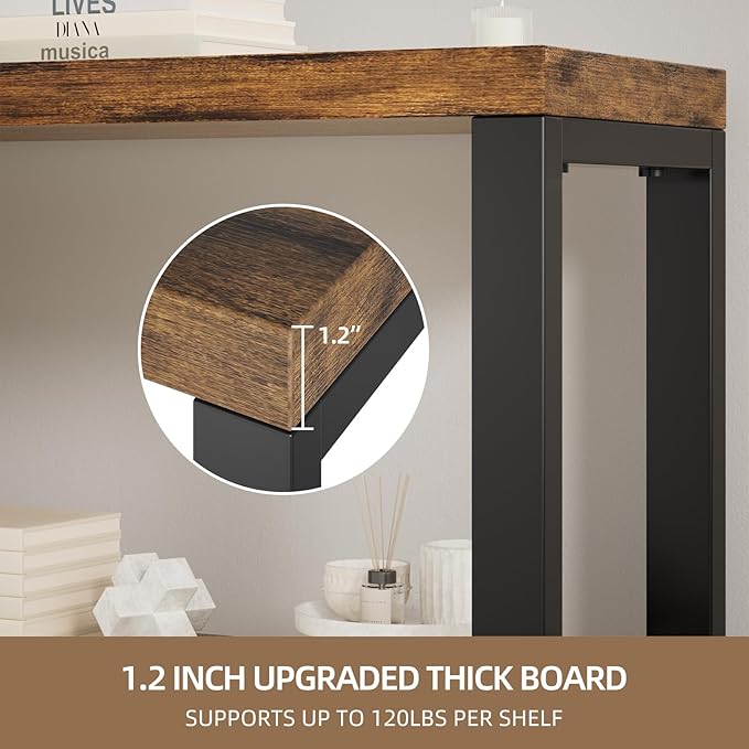 6-Tier Adjustable Heavy Duty Bookshelf, Industrial Wood and Metal Bookshelf, Vintage Bookcase with Lock Wall Design, Shelves for Room Wall Standing, Rustic Brown