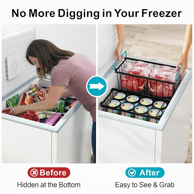 iSPECLE Deep Freezer Organizer Bins - 6 Pack Stackable Freezer Organizer Bins for 7 Cu.FT Chest Freezer Sort Food, Easy to Get Food from Bottom, Better Ventilation, Black