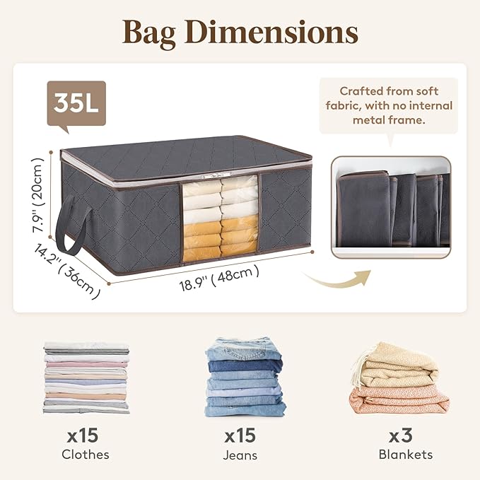 Lifewit 3 Pack Clothes Storage Bag, Foldable Storage Bin Closet Organizer with Reinforced Handle, Sturdy Fabric Blanket Storage with Clear Window, Storage Containers for Clothing, Bedding, Gray