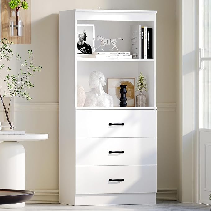 oneinmil 55.5" H 5-Tier Bookshelf with 3 Drawers, White Bookcase with 2-Tier Open Shelves, Tall Book Shelf with Storage Space, Wooden Storage Cabinet for Living Room, Bedroom, Office