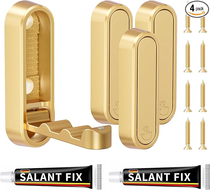 4-Pack Heavy Duty Zinc Alloy Folding Wall Hooks for Bathroom, Kitchen, Entryway, Closet - Space-Saving Design Holds Coats, Towels, Backpacks, Hats, Keys (Gold)