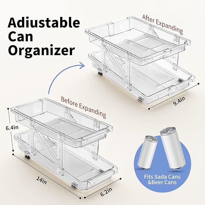 Soda Can Dispenser for Refrigerator Can Holders for Fridge,Adjustable Width Soda Can Organizer for Refrigerator,Drink Organizer for Fridge Suitable for Storage Cabinet and Pantry Clear (1 Pack)