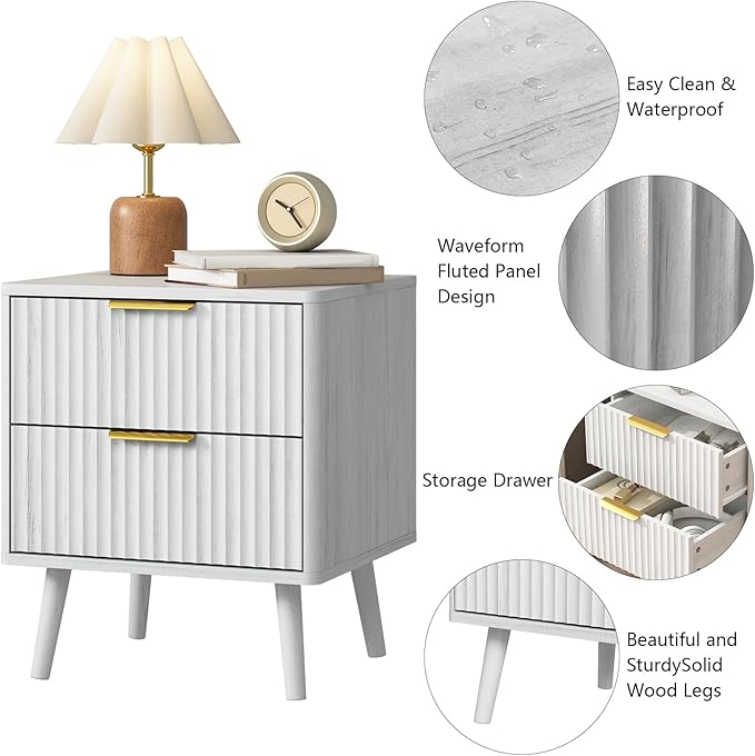 CARPETNAL Fluted Nightstand Set of 2, White Bedside Table with 2 Drawers and Gold Handles, Wood End Table Mid Century Night Stands for Bedroom Living Room