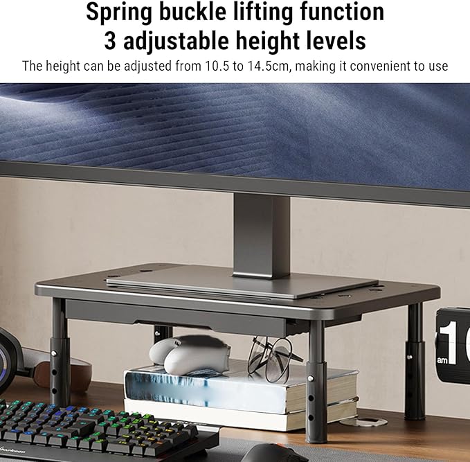 Computer Monitor Stand Riser, Adjustable Height Ergonomic Metal Laptop Stand with Drawer and Ventilation Holes, for Desk Storage Organizer Underneath 20KG Capacity (Black)