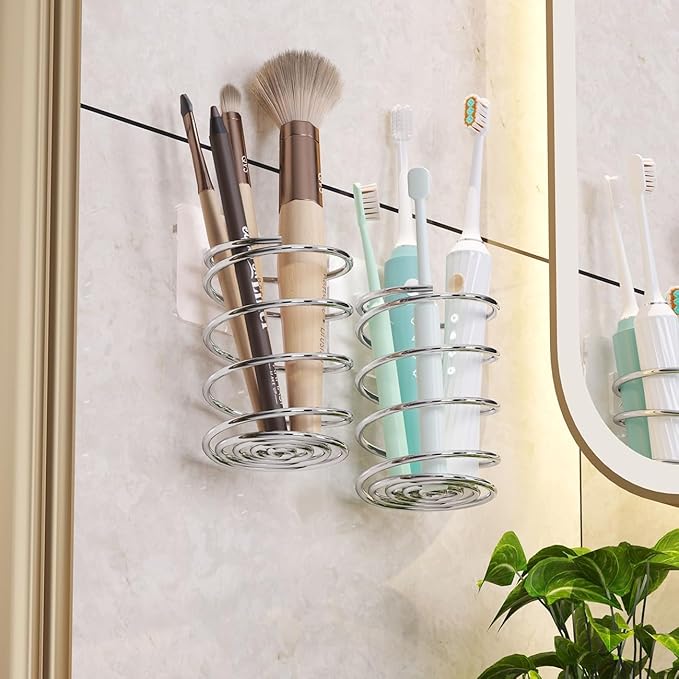 Wall-Mounted Spiral Hair Tool Holder, Adhesive Bathroom Organizer for Toothbrush and Makeup Brushes, Stainless Steel, 8 x 7 cm (2)