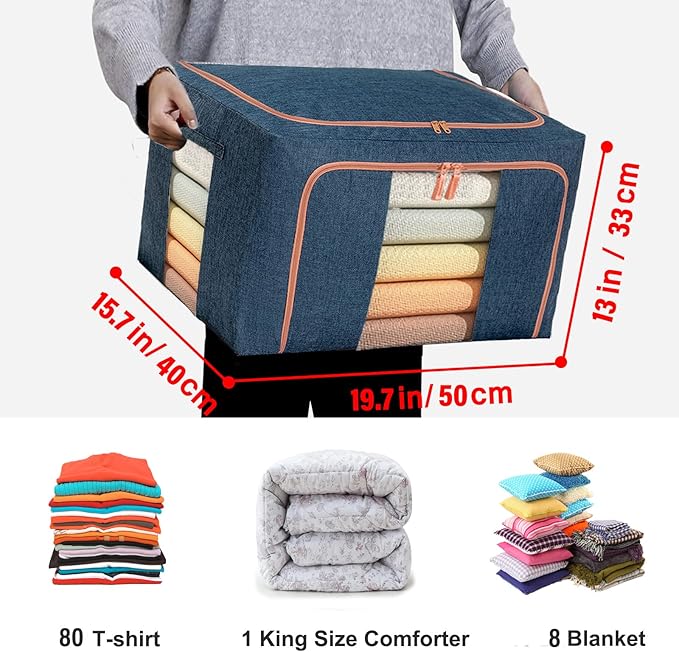 Large Storage Bags,Foldable Storage Bins with Hold Shape Metal Frame,Closet Organizer Containers with Zipper,Clear Window,Thick Fabric for Seasonal Clothing,Bedding (66L x 3 Pack)