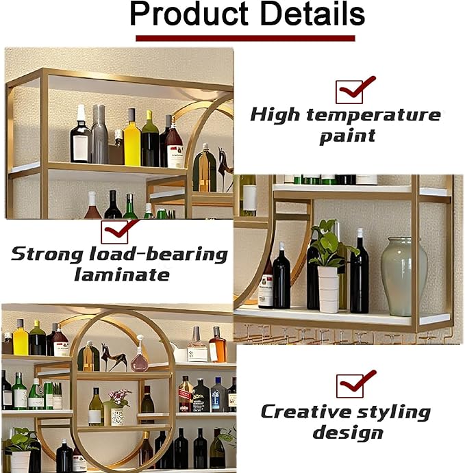 47.2IN Large Wall Mount Wine Rack, Metal 4 Tier Hanging Bottle Holder with Wine Glass Storage Racks, Modern Floating Wine Shelves for Home Bar Dining Room Decoration (Gold)