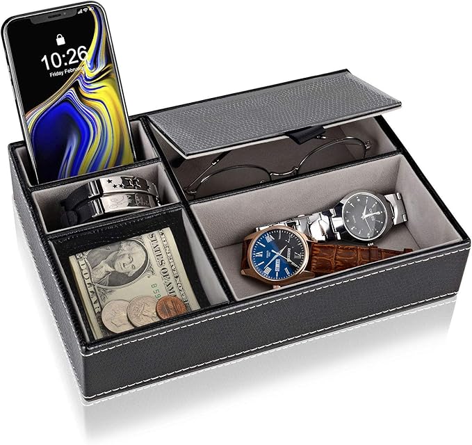 Baoyun Men's Valet Tray, Faux Leather Valet Box, EDC Catch All Tray, Dresser Top Nightstand Organizer with 5 Compartments for Smartphone, Keys, Wallet, Watch