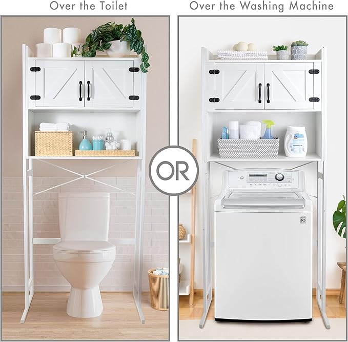Over The Washer or Over The Toilet Storage Cabinet w/Height Adjustable Shelf Laundry Room/Bathroom Organizer Rack, 2-Door Freestanding Rack Space Saver, White