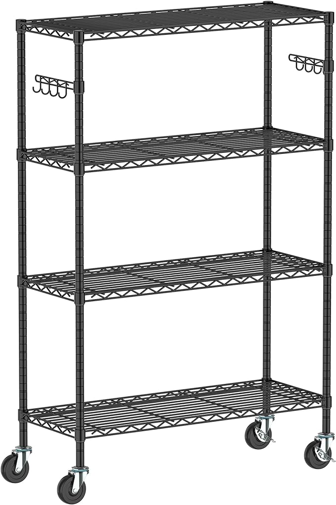 4-Tier Storage Shelving Unit with Wheels, Metal Rolling Storage Shelves Adjustable Layer Steel Rack Shelf, Wire Shelving Storage for Kitchen Garage Pantry Office, Black (14D x 36W x 57H)