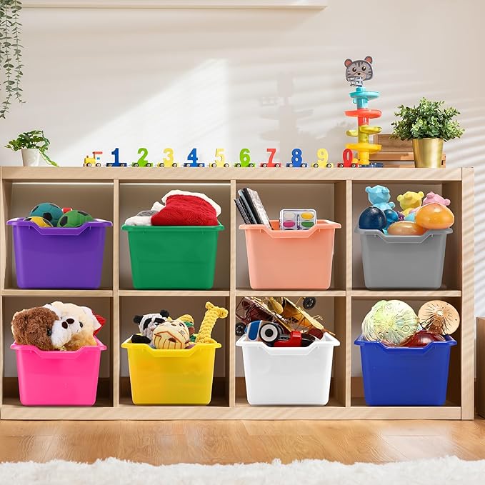 Dandat 24 Pcs Book Bins for Classroom Plastic Cubby Bins Bulk Classroom Storage Baskets Stackable Assorted Colors Toy Storage Containers for Library Home Office School Nursery Playroom