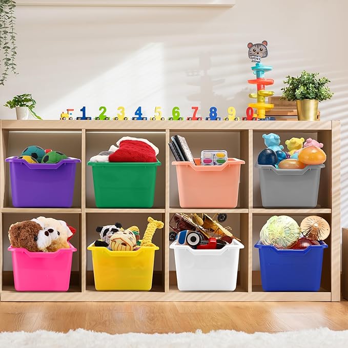 Dandat 72 Pcs Book Bins for Classroom Plastic Cubby Bins Bulk Classroom Storage Baskets Stackable Assorted Colors Toy Storage Containers for Library Home Office School Nursery Playroom