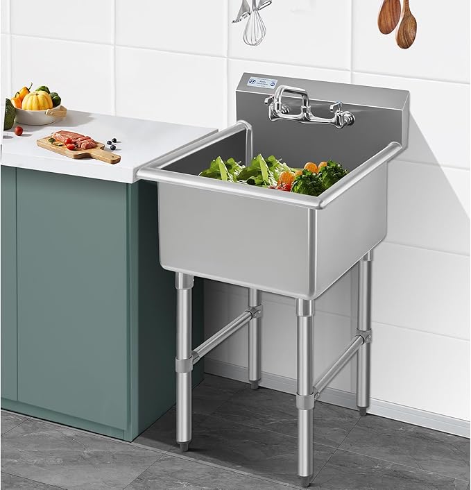 HALLY Commercial Stainless Steel Sink 1 Compartment NSF Prep & Utility Sink with 8" Faucet 15" L x 15" W x 12" D Bowl for Bar, Restaurant, Kitchen, Hotel and Home