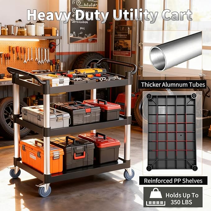3 Tier Rolling Cart with Hair-Proof Wheels, Plastic Utility Service Cart, Heavy Duty 350 Lbs Capacity, Solid Handle, Commercial Serving Cart for Home/Office/Restaurant/Warehouse.34.2"×17"×37"