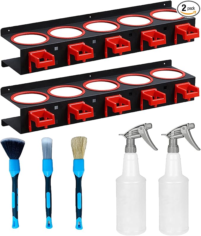 Spray Bottle Rack (2 PCS), Storage Organizer for Car Detailing Tools, Wall Mount, 5 Compartments + 5 Hooks, 21.7 x 4.7 x 3.3 inch, Black, Red