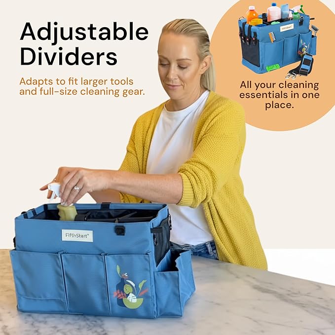FifthStart Multiuse Organizer Bag - X-Large, Blue - 9 Pockets & Mesh Base for Cleaning Supply Organizer - Adjustable Waist & Shoulder Straps for Cleaning Caddy - Use as Housekeeping Caddy