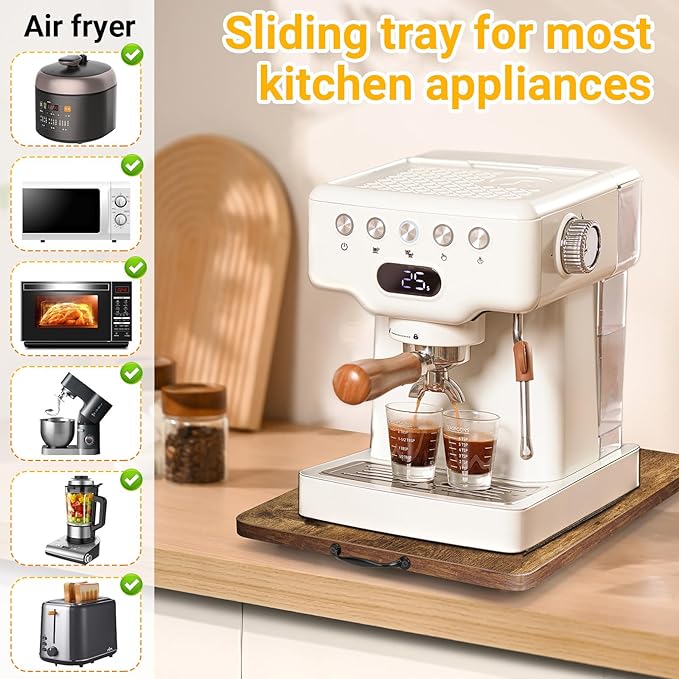 Sliding Tray for Coffee Maker, 360° Rotating Appliance Slider for Kitchen Appliances, Wooden Sliding Tray Suitable for Kitchen Countertops and Kitchen Appliances(Brown, Small)