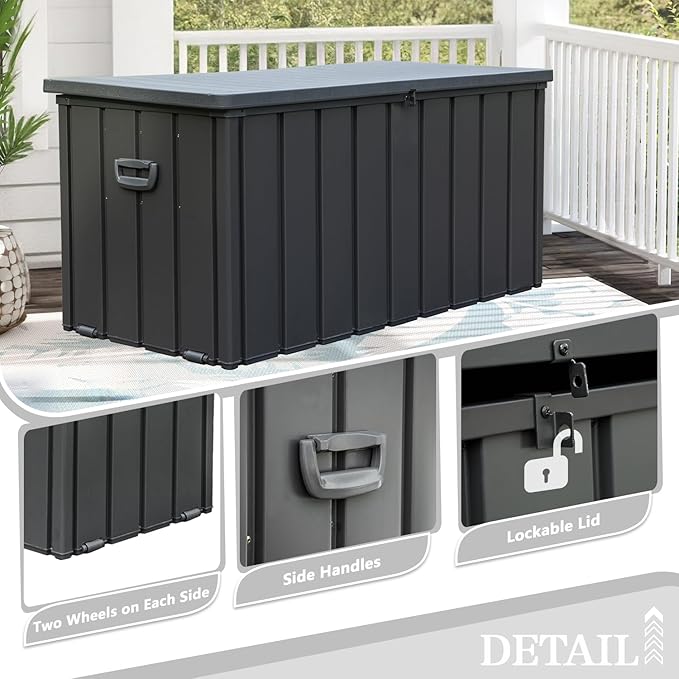 Domi 120 Gallon Deck Box, Metal Outdoor Storage Box with Resin Lid Lock Wheels Side Handles, Waterproof Outside Storage Box for Patio Cushions, Shoes & Pool Tools