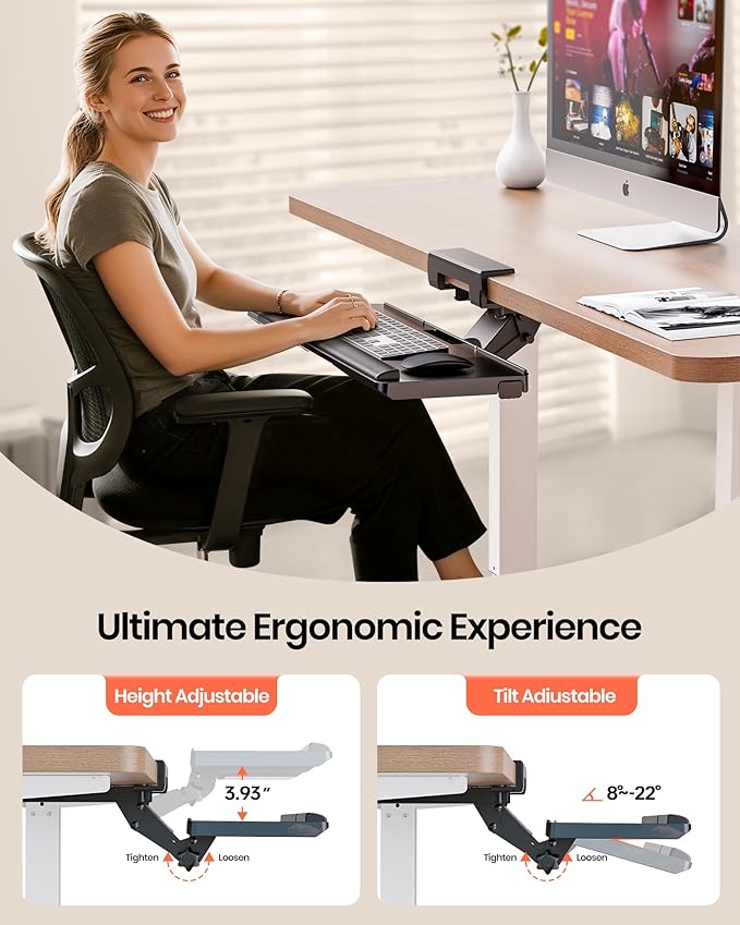 Klearlook Upgraded Ergonomic Keyboard Tray Under Desk, Adjustable Sliding Keyboard Platform Holder, Keyboard Stand with Wrist Rest & Storage Drawer for Home, Office and Gaming, 24.4"x10"