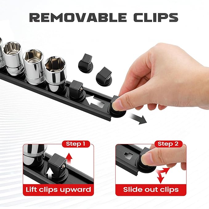 ALOANES 3/8-Inch Drive Magnetic Socket Organizer, Heavy Duty Aluminum Socket Rail Organizer, 360° Swivel Clips Socket Holder Kit for Tool Box, 3/8-Inch Socket Holder x 14 Clips (Black)