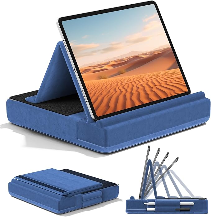 KDD Tablet Pillow Stand, Multi-Angle Viewing Ipad Holder for Lap, Bed and Desk, Foldable Soft Pad Dock with Stylus Mount Compatible with Ipad Pro 12.9, 10.5, 11, Air, Mini, Phones, Books, E-Reader