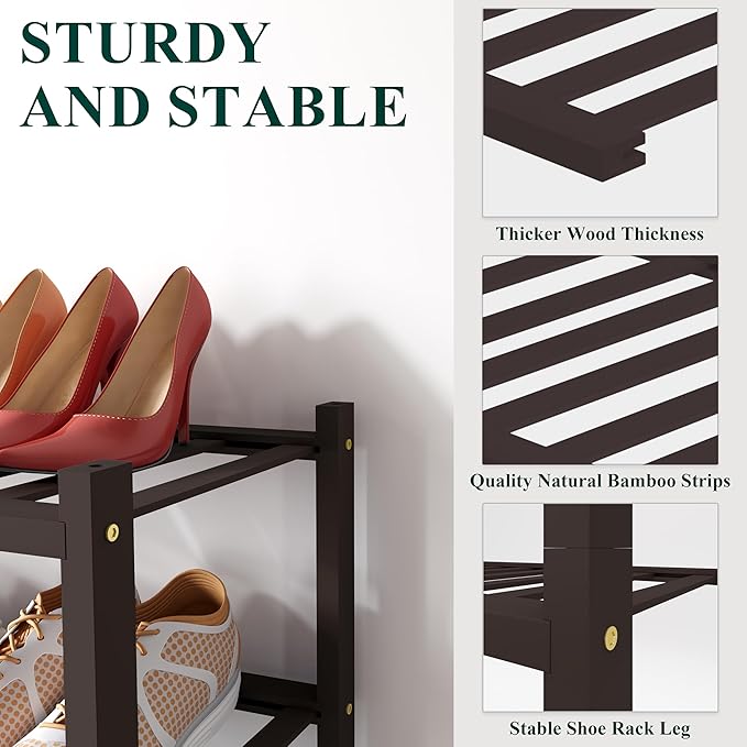 Smiry Bamboo Shoe Rack for Closet, 3 Tier Small Wooden Stackable Shoe Organizer, Free Standing Shoes Storage Shelf for Entryway, Front Door Entrance, Brown