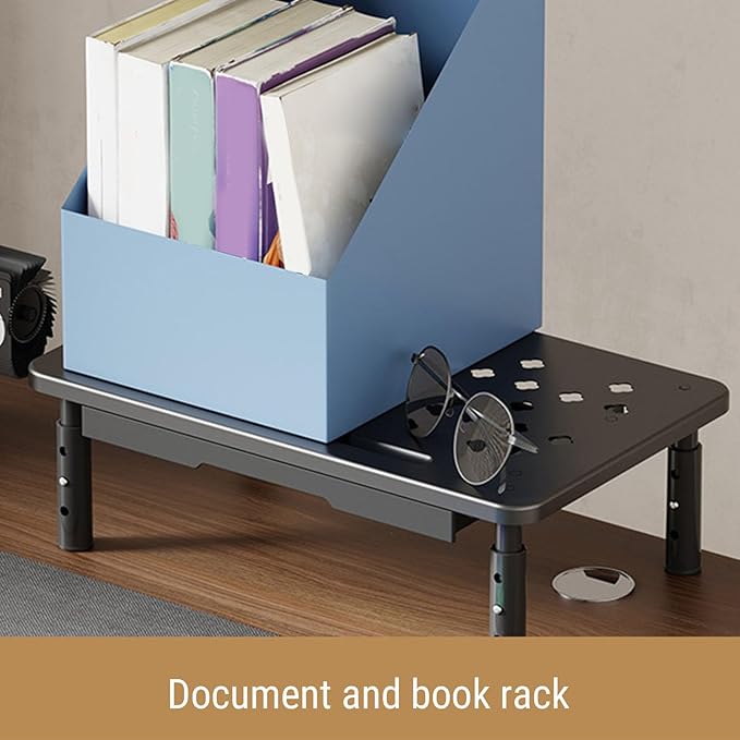 Desk Computer Riser, Monitor Stand Riser with Drawer, 3 Height Adjustable, Metal Laptop Stand, Computer Storage Shelf for PC, Desktop, Laptop, Printer, 20KG Bearing (Black)