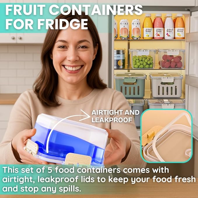 5-Pack Fruit Containers for Fridge Keep Fresh – Airtight Food Containers with Lids, Produce Saver with Removable Colander, Fridge Organizers, Microwave & Dishwasher Safe (Cream)