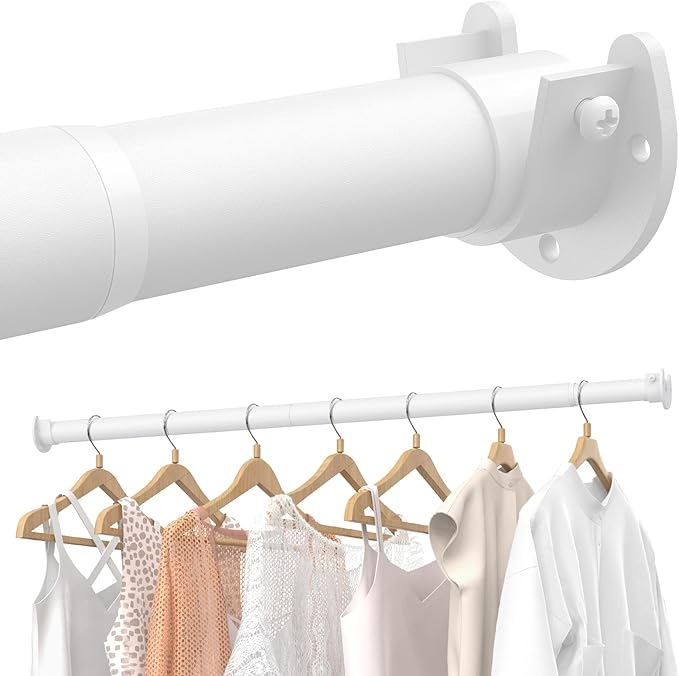 Closet Rods for Hanging Clothes, 17 to 54 Inches Stepless Adjustable Metal Closet Rod, 1.3 Inches Heavy Duty Clothes Hanging Rod for Closet Wardrobes Laundry RV, White