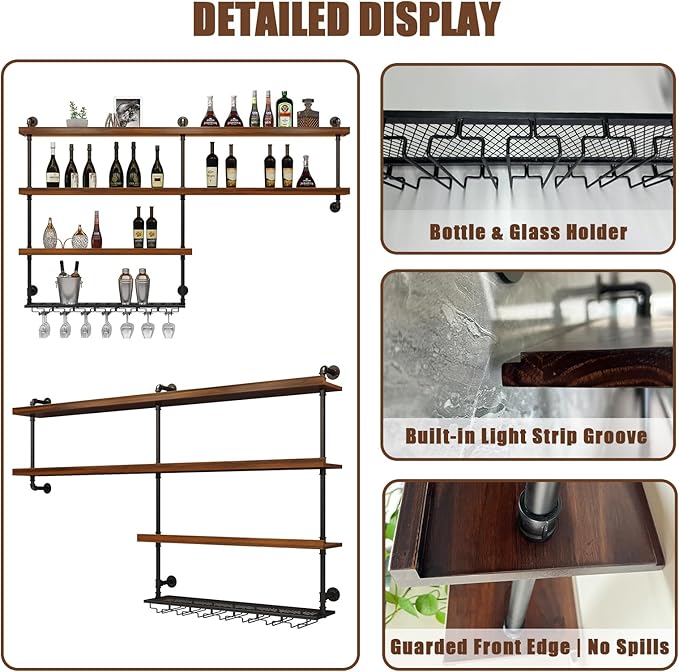Solid Wood Wall Mounted Wine Rack, Large Wine Rack with LED Light, 4 Tiers Liquor Bottles Floating Shelves with Glass Holder, Industrial Bar Shelves for Home Bar Dining Room (51.2 IN/ 130CM)