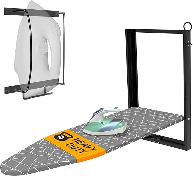 Xabitat Wall Mounted Ironing Board with Iron Holder, 36.2" X 12.2" Compact Mount Fold Down Ironing Board for Small Spaces, Space Saving with Cotton Fabric Cover, Black and Grey