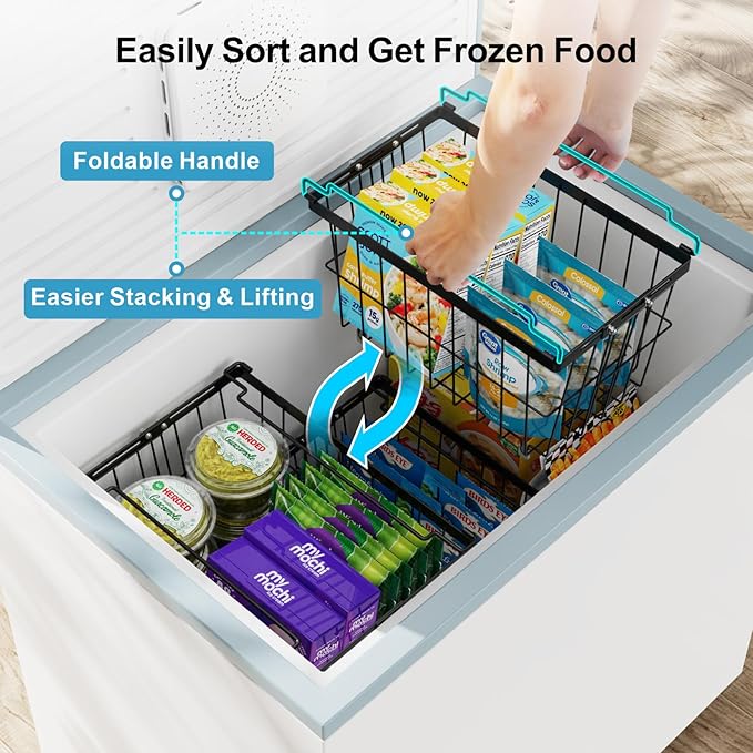 iSPECLE Freezer Organizer Bins - 4 Pack Adjustable & Extra Large Chest Freezer Organizer Bins for 5 to 9 Cu.Ft Deep Freezer, Easy Organize Basket Store More, Stackable No Wasted Space, Black