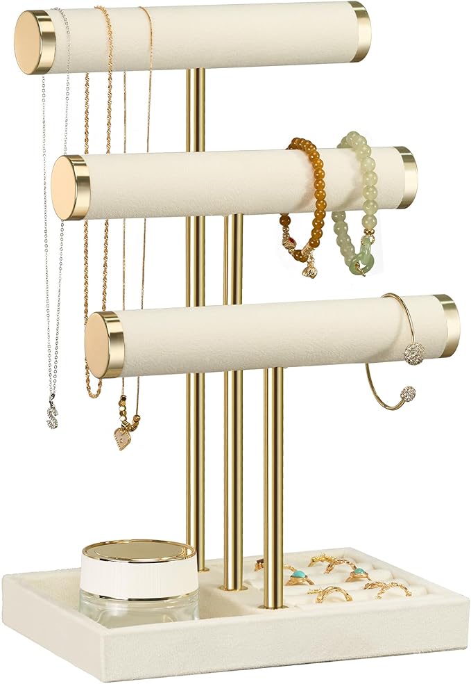 3 Tier Bracelet Holder Display - Detachable T Bar Beige Velvet Bracelet Holder, Jewelry Holder Organizer for Bracelet, Necklace, Watches, Rings