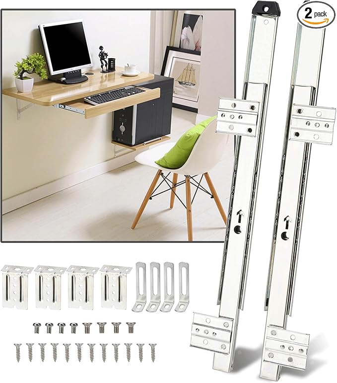 14" Keyboard Slide Heavy Duty Ball Bearing Slides Computer Tray Under Desk Rails Rack Cabinet Furniture Drawer Hardware Accessories with Adjustable Height Bracket & L Extension Support Bracket(Sliver)