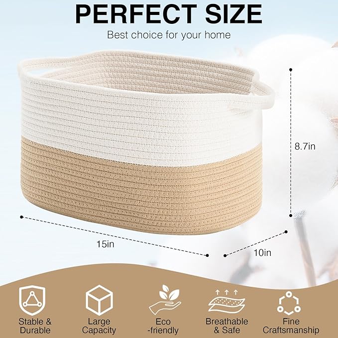 DUHEL Cotton Rope Woven Storage Basket, Used for Baby Hamper Toy Organizer, Gift Baskets Empty,Kids Laundry Basket,Baby Blanket Storage. Size 15x10x8.7 Inches. (White&Khaki-3PCS)