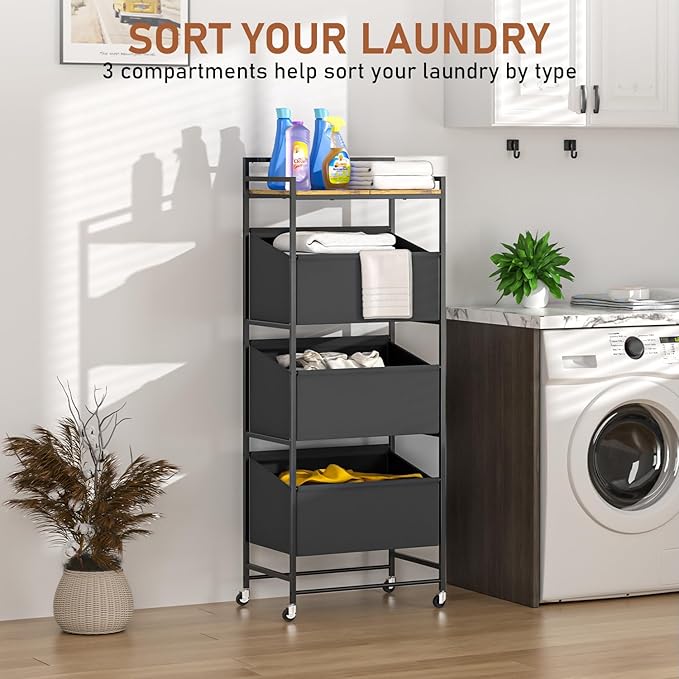 3-Tier Laundry Hamper Sorter with Wheels, 120L Vertical Rolling Laundry Basket Organizer Cart, 3 Section Laundry Sorter with Shelf for Small Space, Laundry Room, Bathroom, Bedroom, Dorm, Closet
