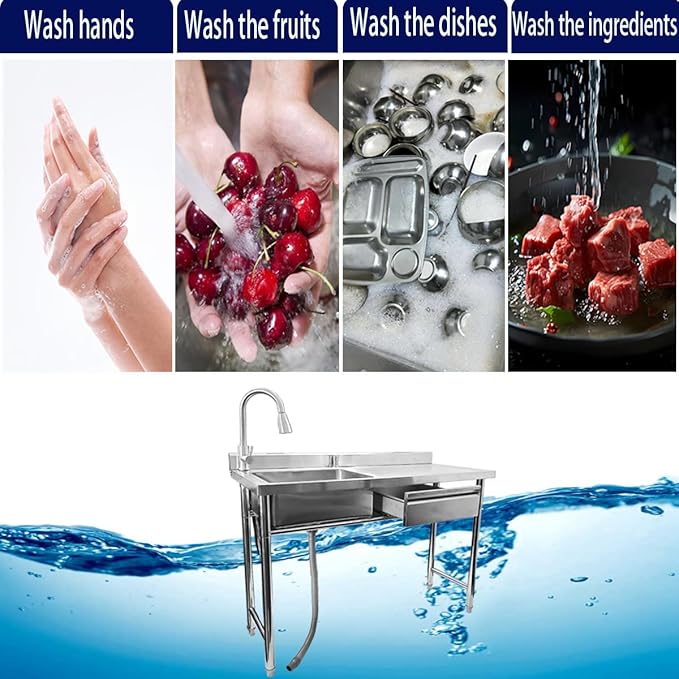 304 Stainless Steel Utility Sink with Faucet – Free Standing Single Bowl Kitchen Sink with Workbench & Drawer Storage, Hot/Cold Water Pipes for Laundry, Farmhouse & Outdoor Use 47”(SCTD-120R)