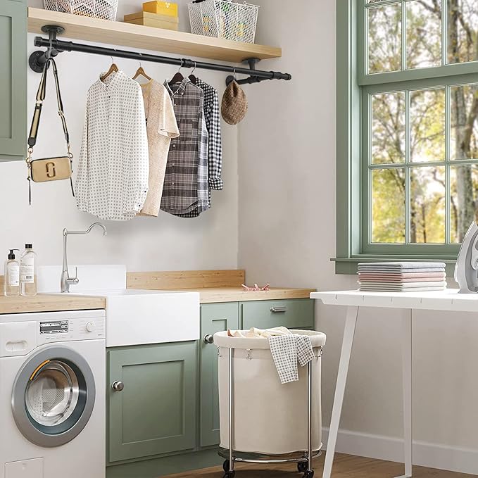 48'' Wall Mounted Clothes Rack Iron Industrial Pipe Clothes Rod with Top Shelf Pipe Rack (Wood Plank Not Included)
