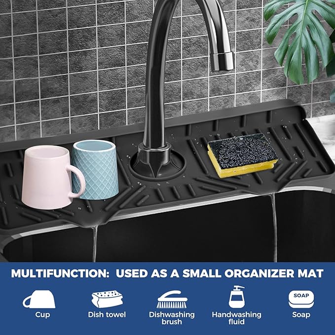 BFONS XL Silicone Faucet Handle Drip Catcher Tray, 18.1in x 5.7in x 0.79in, Black