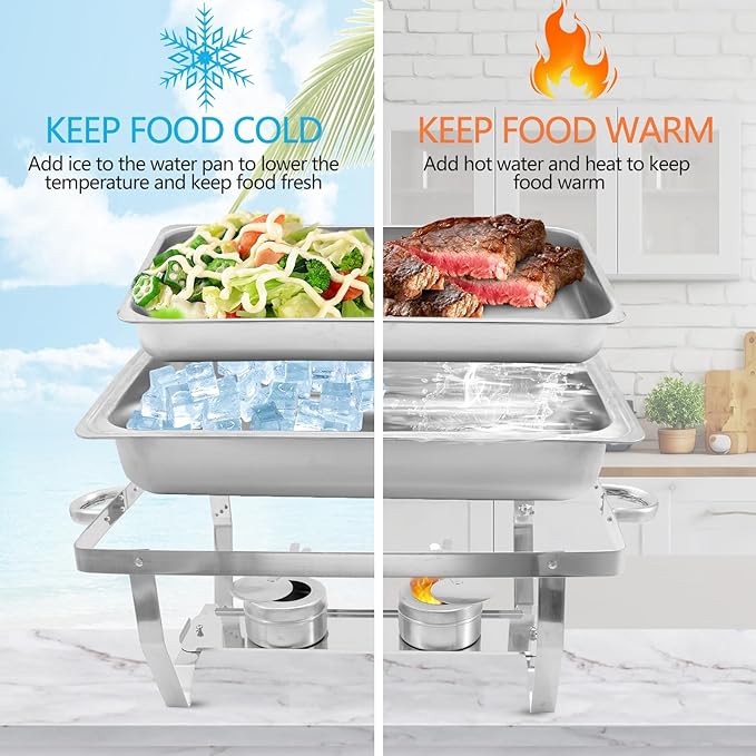 8 Qt 4 Pack Full Size Stainless Steel Chafing Dishes Buffet Set, Silver Rectangular Catering Chafer Warmer Set with Trays Pan Lid Folding Frame Stand for Kitchen Party Banquet Dining