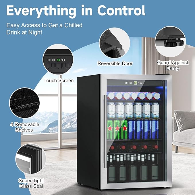 4.5 Cu.Ft Mini Fridge for 145 Cans, Beverage Refrigerator with Glass Door and Digital Display, Small Drink Fridge with Adjustable Shelves for Soda, Beer, or Wine, Compact Fridge for Bar Office