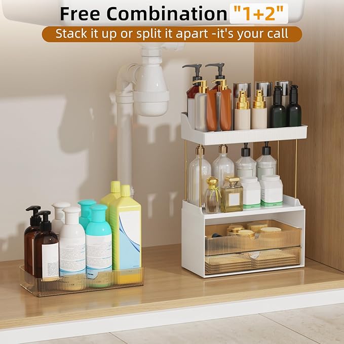 3 Drawers Makeup Organizer - 5 Tier Bathroom Counter Organizers and Storage, Versatile Perfume Vanity Organizer, Ideal for Cosmetic, Large Skincare, Face Mask, Office Supplies, Amber