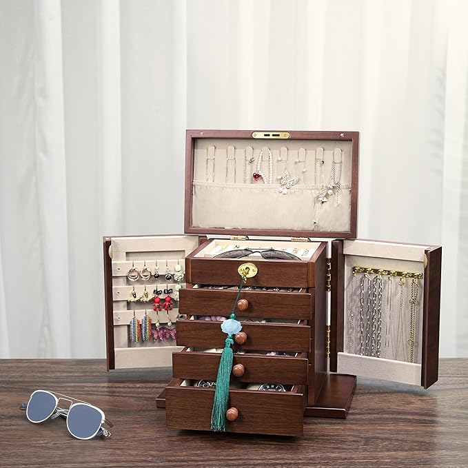 Lockable Wooden Jewelry Box for Women - 8-Layer Dresser Top Jewelry Boxes and Organizer with Key,Large Storage for Necklaces,Solid Wood Jewelry Organizers with Necklace Hooks
