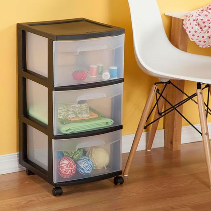 Sterilite 8 Pack Plastic Storage Organizer, 3 Drawer Rolling Bin Cart, Closet Organization, Black