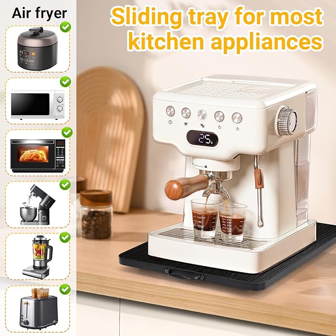 Sliding Tray for Coffee Maker, 360° Rotating Appliance Slider for Kitchen Appliances, Wooden Sliding Tray Suitable for Kitchen Countertops and Kitchen Appliances (Black, Small)